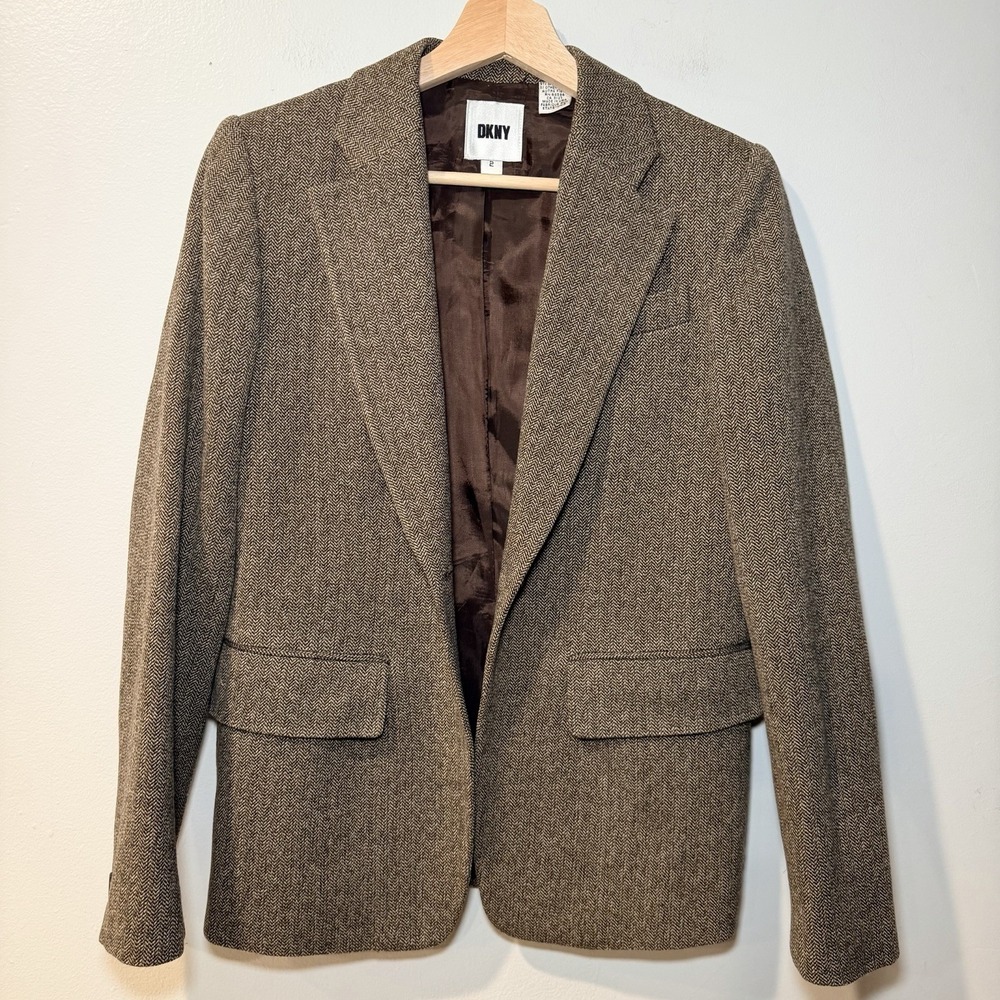 Vintage DKNY Womens Size 2 Houndstooth Wool 1 button Blazer Made In USA